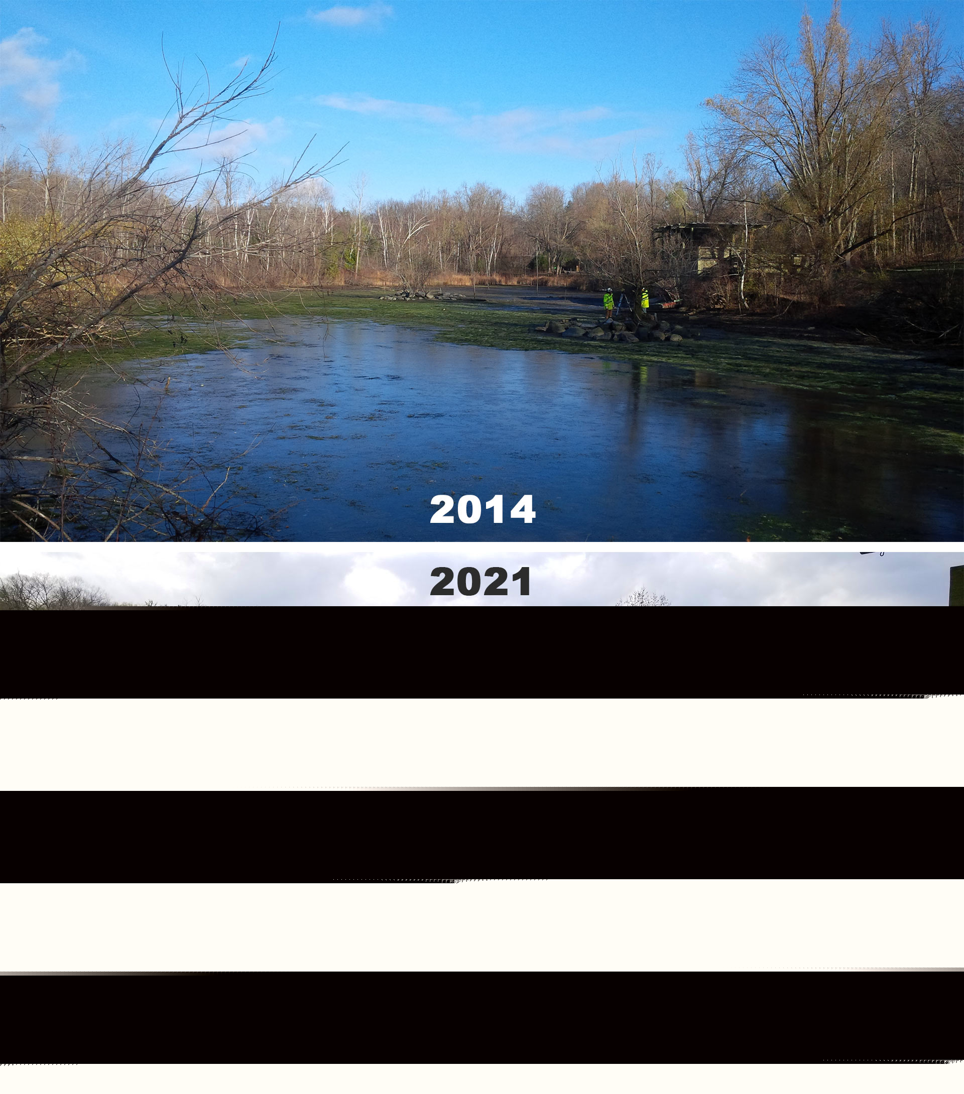 Weston Pond prior to restoration work in 2014 compared to post-restoration in 2021
